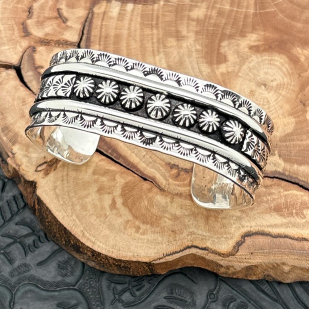 Native American NAVAJO Sterling Silver Cuff Bracelet Rosettes Allover Stampings